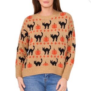 Vince Camuto Tan Sweater with Black Cats and Orange Pumpkins